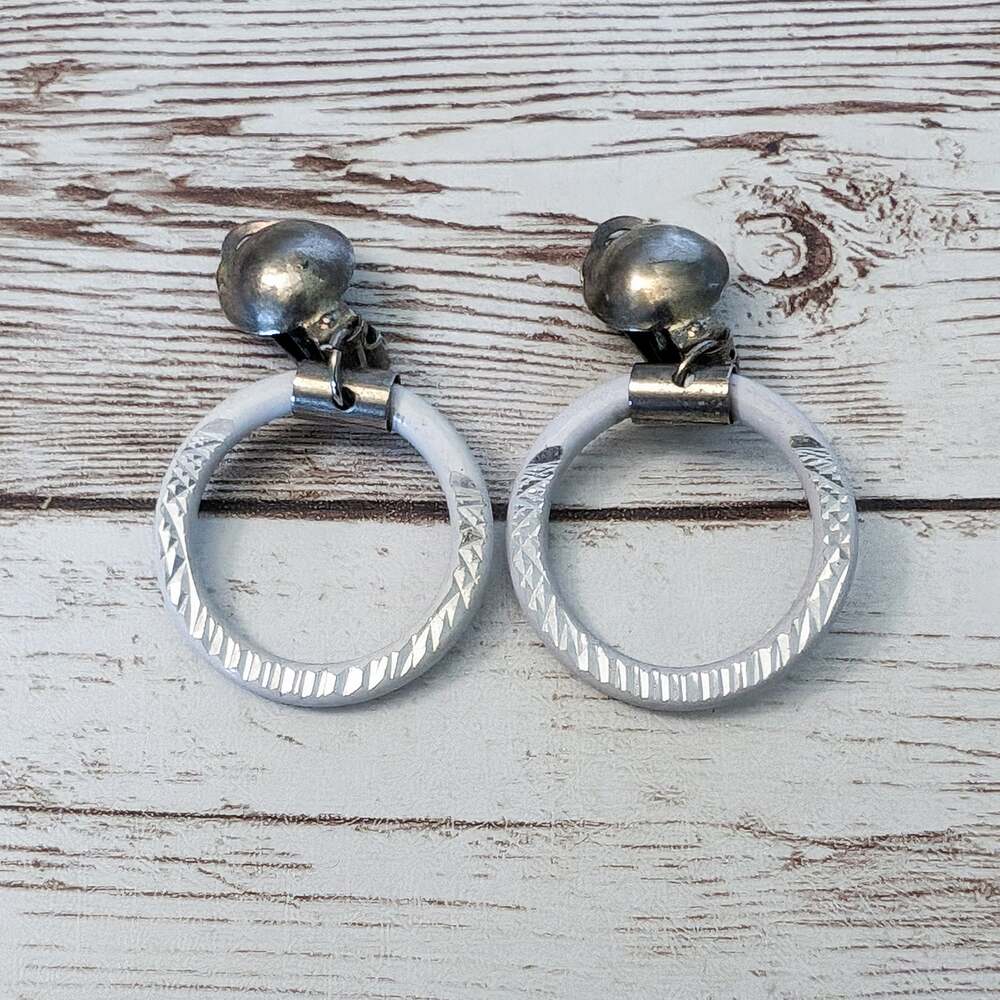 Vintage Clip On Earrings - Off White and Mirrored Silver Tone Dangle